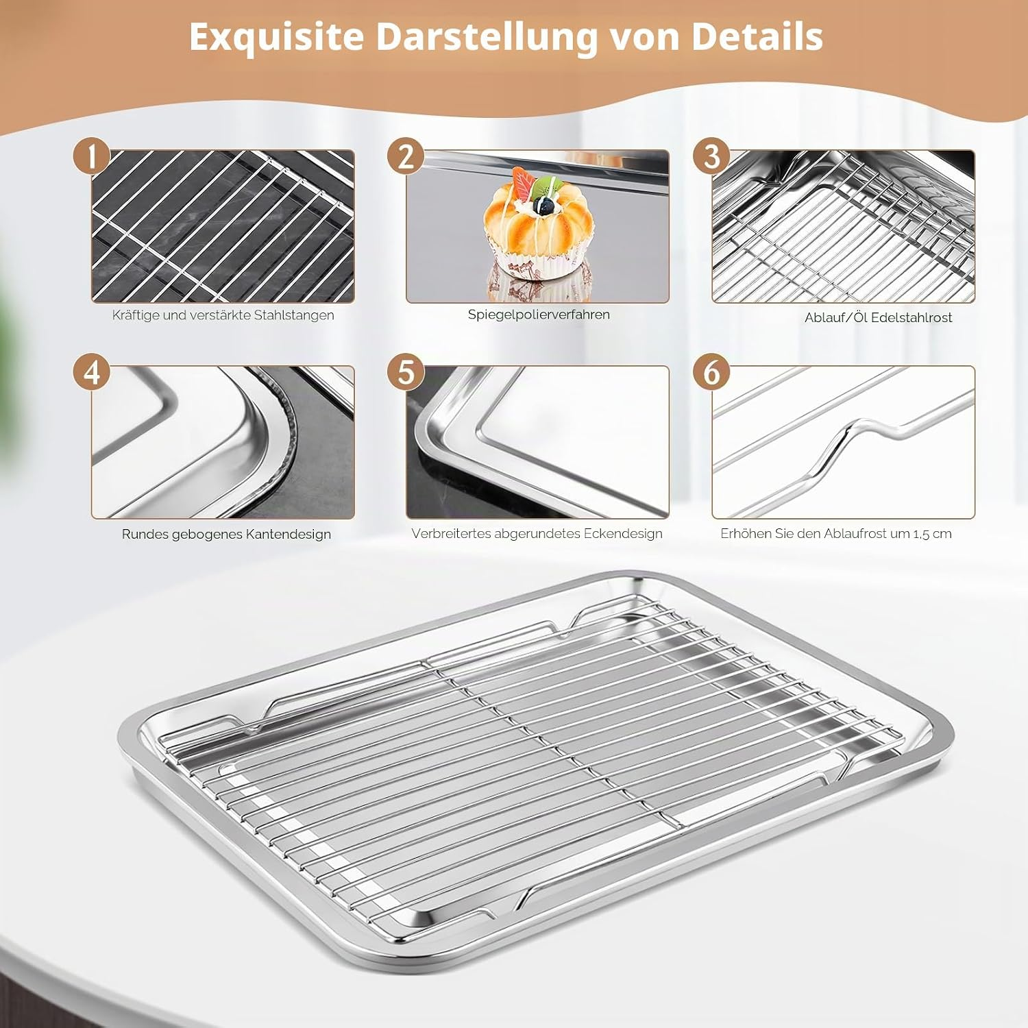Edelstahl-Backblech und Gitter mit nummerierten Detailaufnahmen, die verstärkte Stangen und glatte Kanten zeigen.