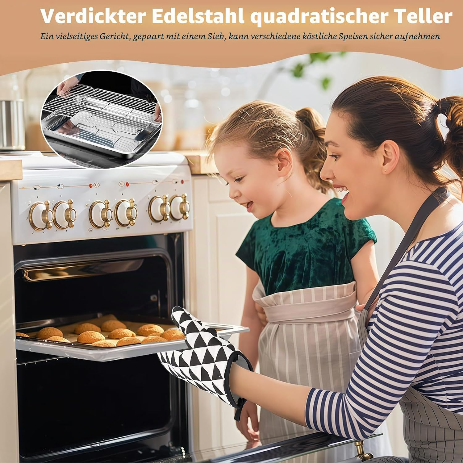 Eine Frau und ein Mädchen nehmen frisch gebackene Kekse aus dem Ofen.