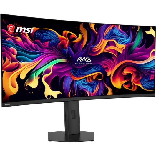 Een brede, gebogen MSI-gamingmonitor toont kleurrijke, abstracte graphics op het scherm.