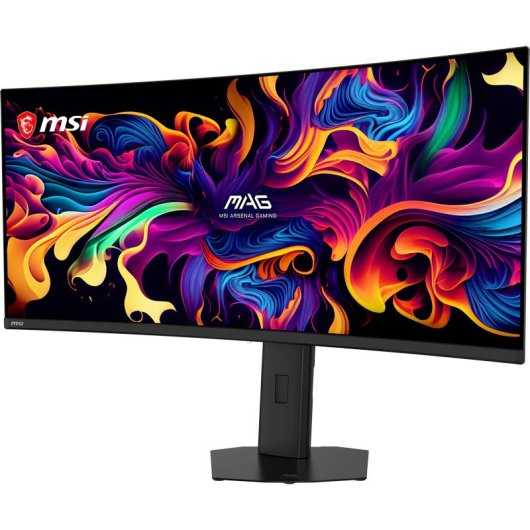 Een brede MSI-gamingmonitor toont een kleurrijke, abstracteheidswerveling op het scherm.