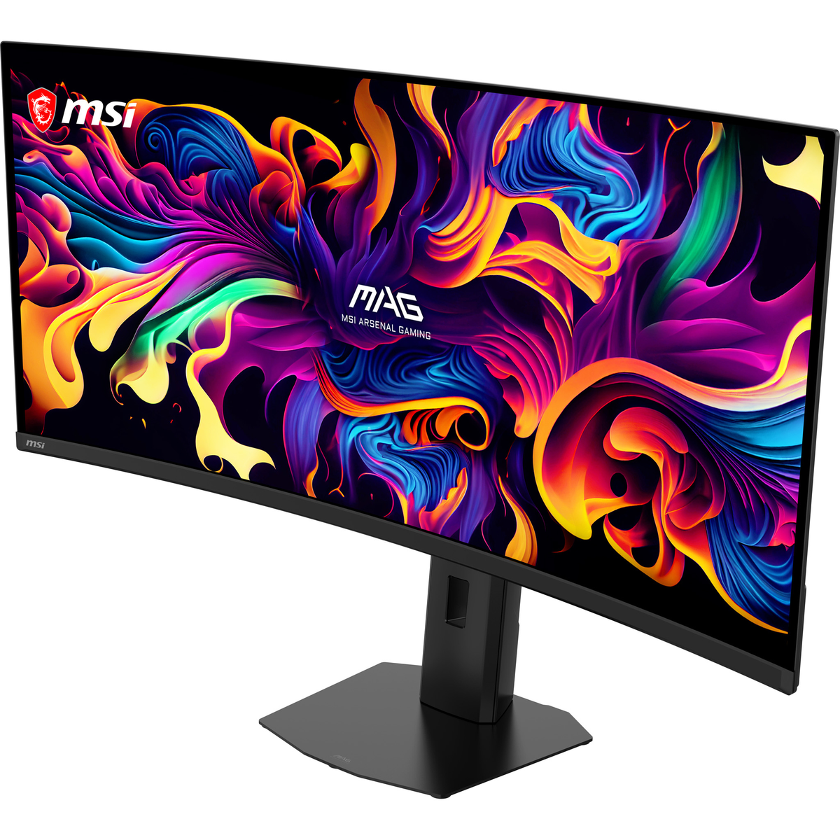 Ekranında canlı, renkli soyut bir duvar kağıdı gösteren kavisli bir MSI oyuncu monitörü.