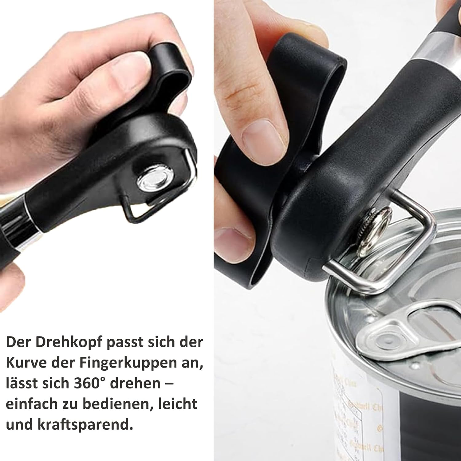 Eine Hand bedient einen schwarzen Dosenöffner auf einer Metalldose.
