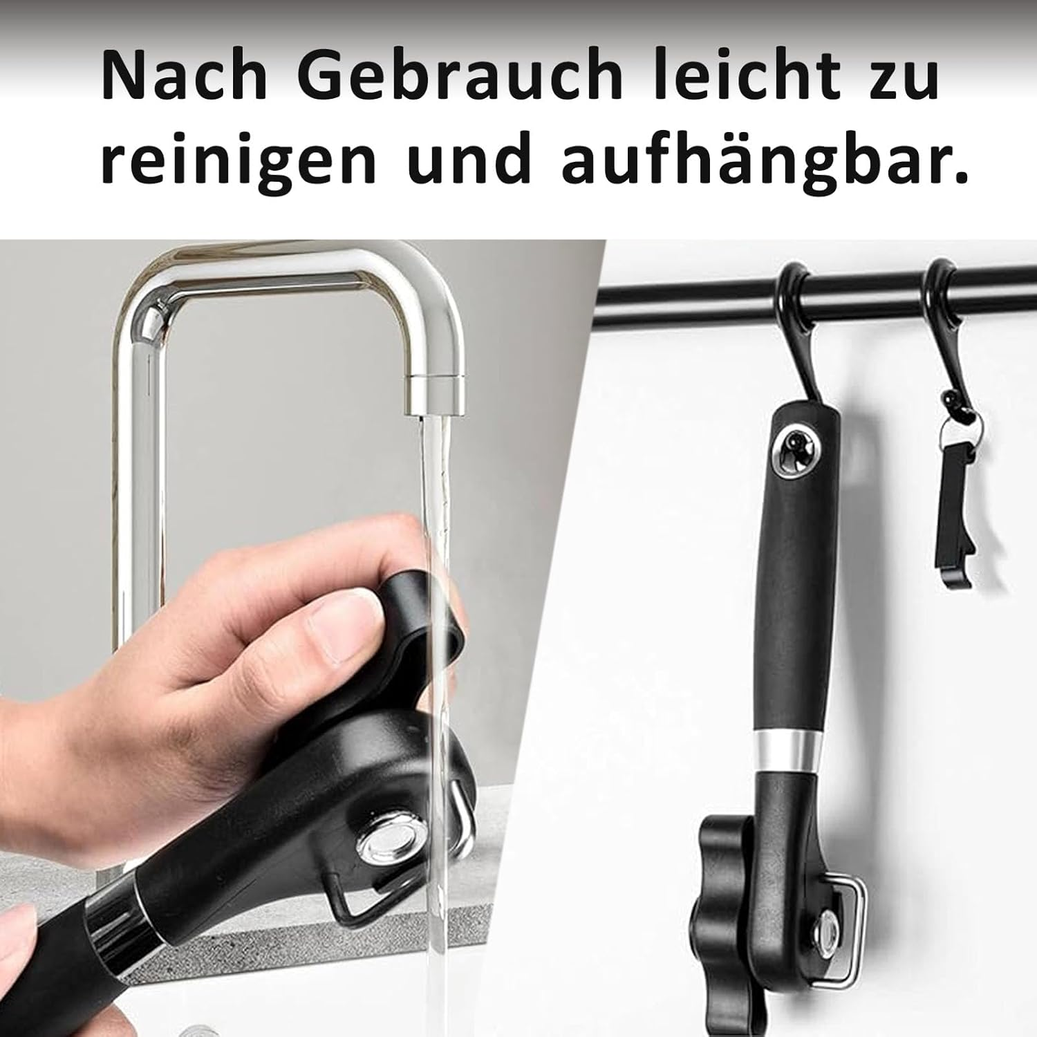 Ein schwarzer Dosenöffner wird unter dem Wasserhahn abgespült und an einer Stange aufgehängt gezeigt.