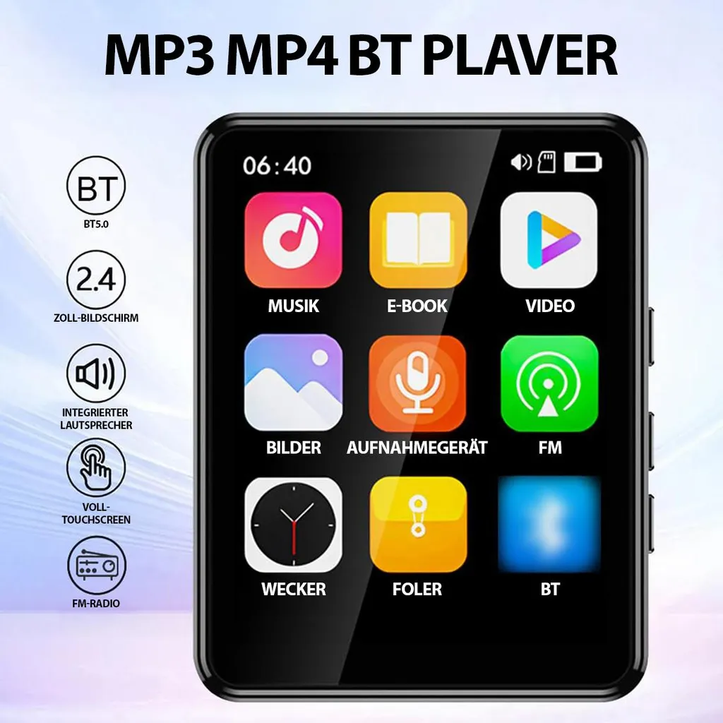MP3-MP4-Player mit Touchscreen und farbigen App-Symbolen auf dem Display.