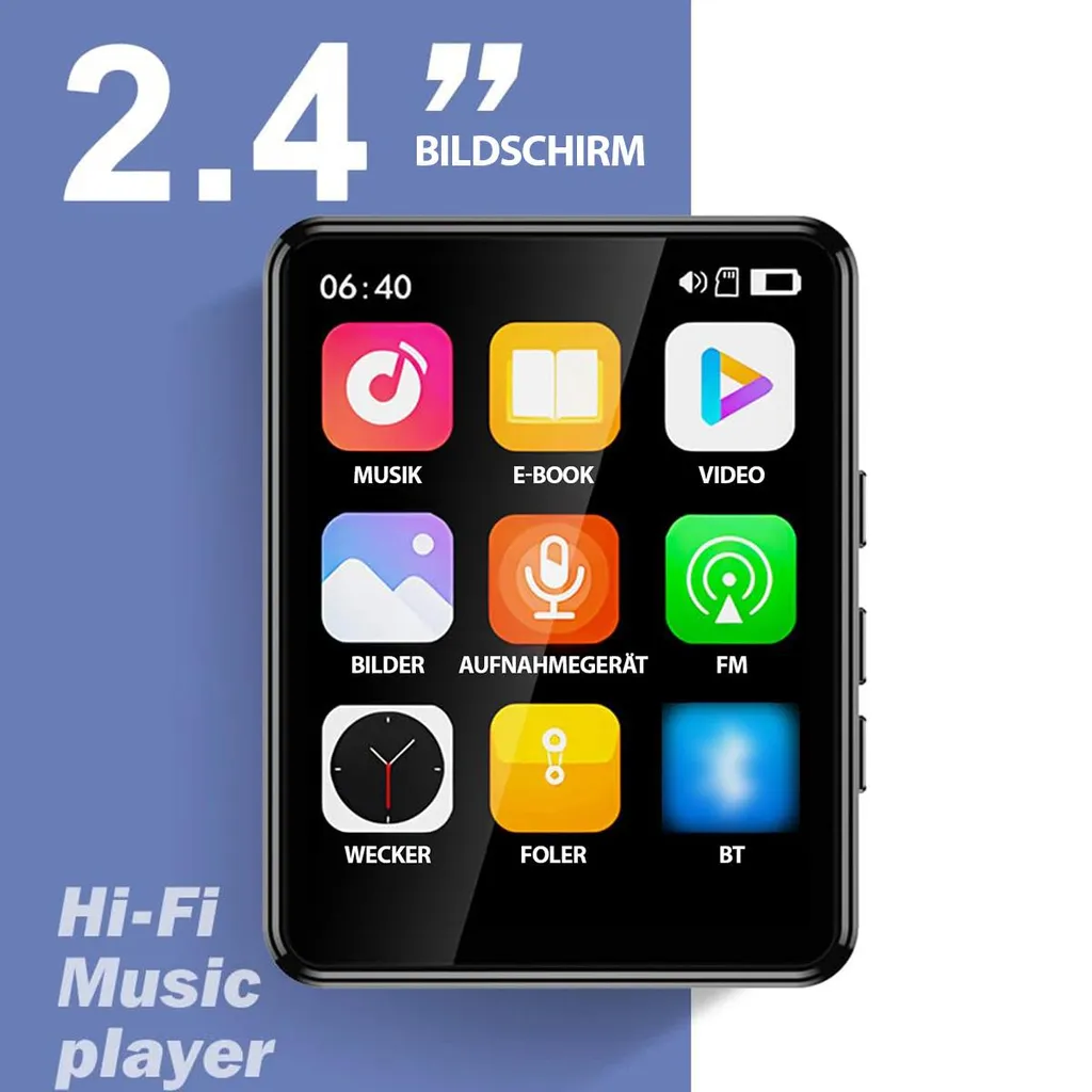 Ein tragbarer Hi-Fi-Musikplayer mit einem 2,4-Zoll-Bildschirm und App-Symbolen.