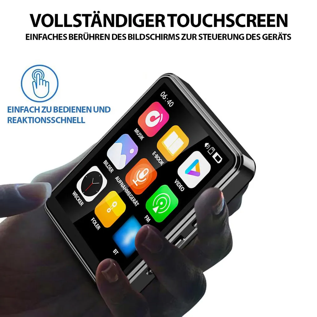 Ein handgehaltener MP3-Player mit Touchscreen und farbigen App-Symbolen, bedient durch Fingerberührung.