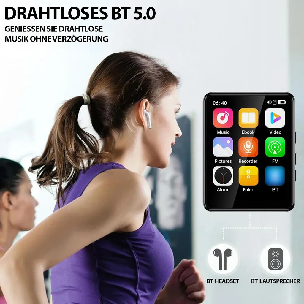 Eine Frau in Sportkleidung läuft, während ein MP3-Player mit App-Icons und Bluetooth-Symbolen eingeblendet wird.