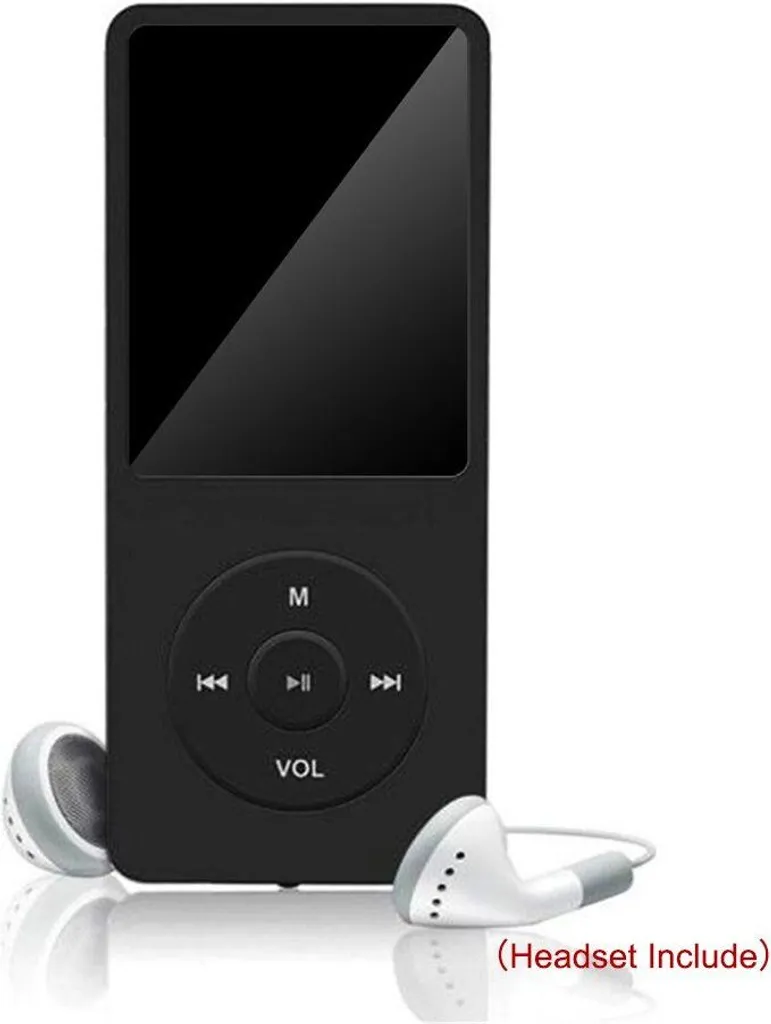 Schwarzer MP3-Player mit Display, runden Tasten und weißen Kopfhörern davor.