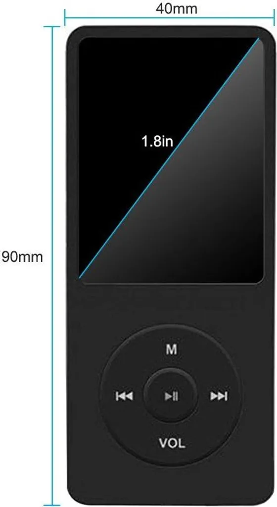 Schwarzer MP3-Player mit 1,8-Zoll-Bildschirm, 40mm Breite und 90mm Höhe mit Steuerungstasten.