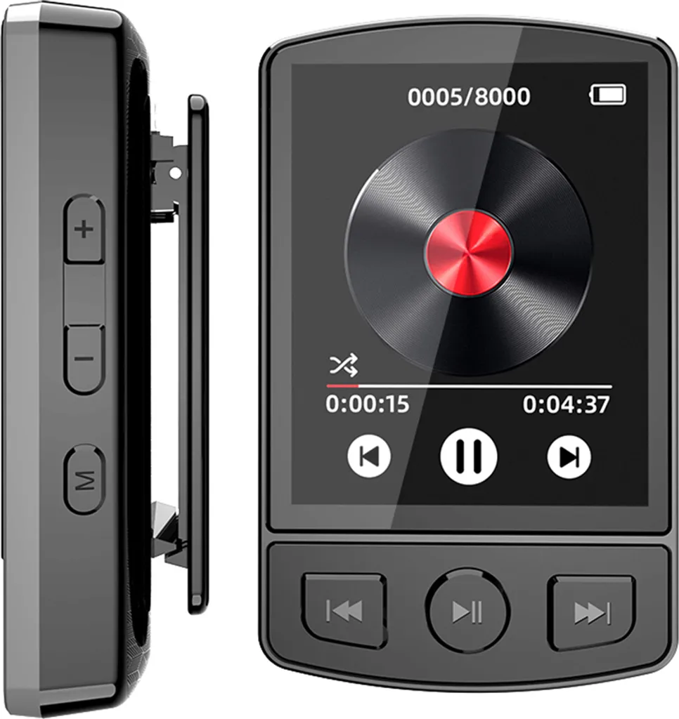 Schwarzer MP3-Player mit Display, Vinyl-Grafik, Bedienelementen und Clip auf der Rückseite.