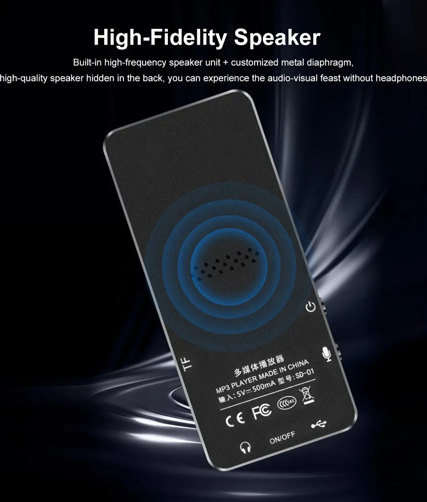 Ein schwarzer MP3-Player mit integriertem Lautsprecher und Text zu High-Fidelity-Sound.