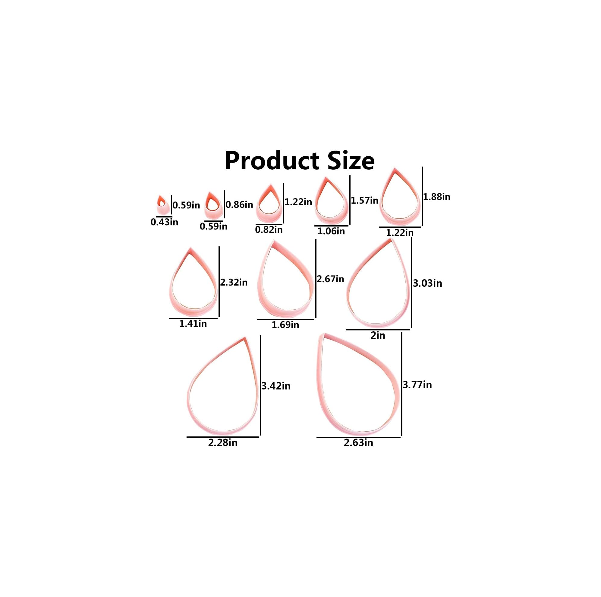 Produktgrößendiagramm mit neun rosafarbenen Tropfen-Ausstechformen und Maßangaben.