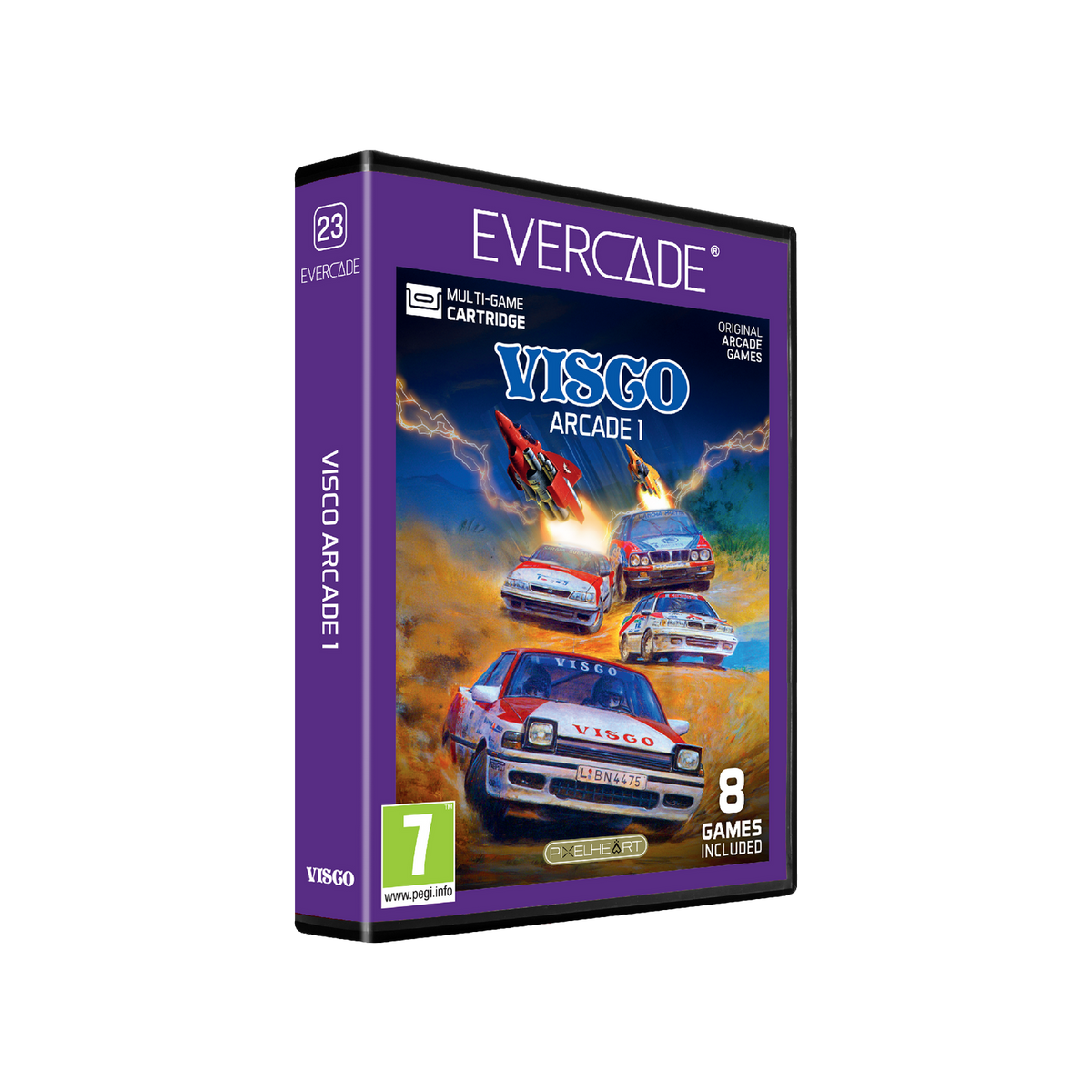 Caja de juego Evercade Viso Arcade 1 con coches de rally y carreras en la portada sobre fondo negro.