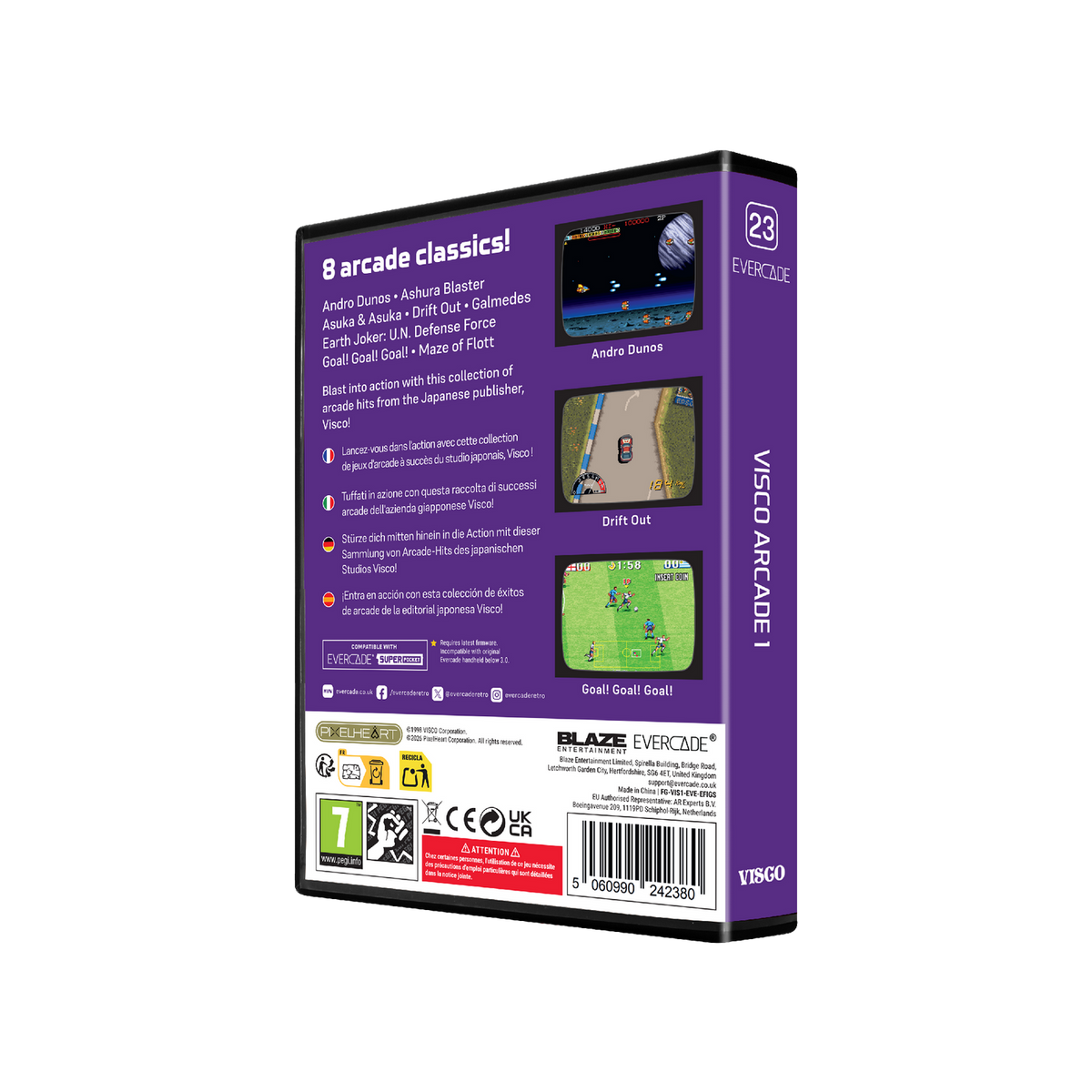 Contraportada de un estuche de videojuego Evercade para Visco Arcade 1, con descripciones y capturas.