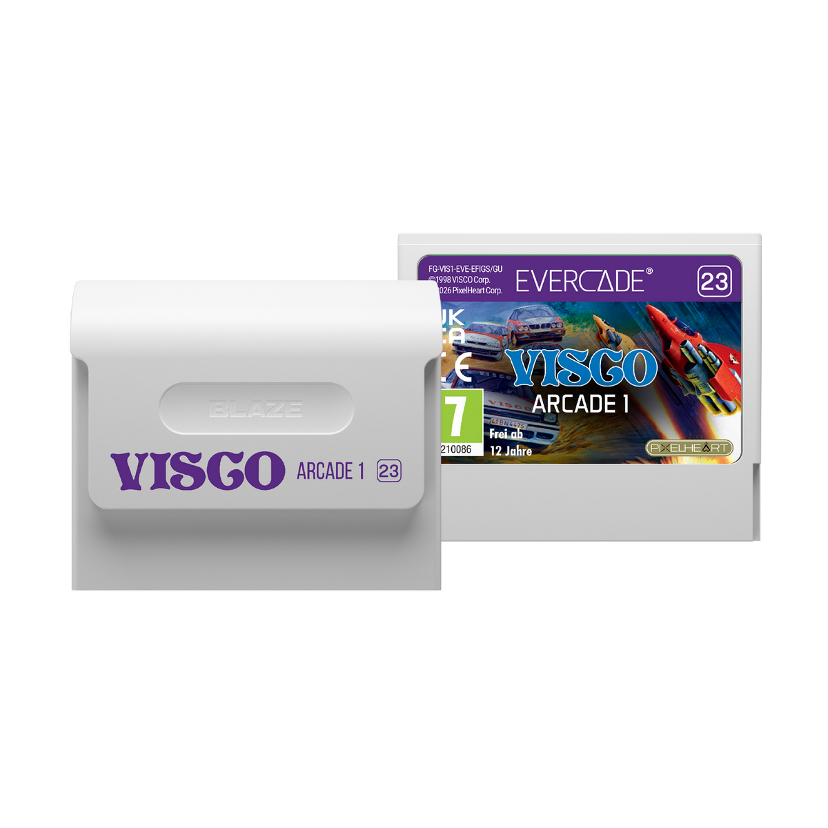 Cartucho de juego blanco Evercade Visco Arcade 1 con caja colorida.