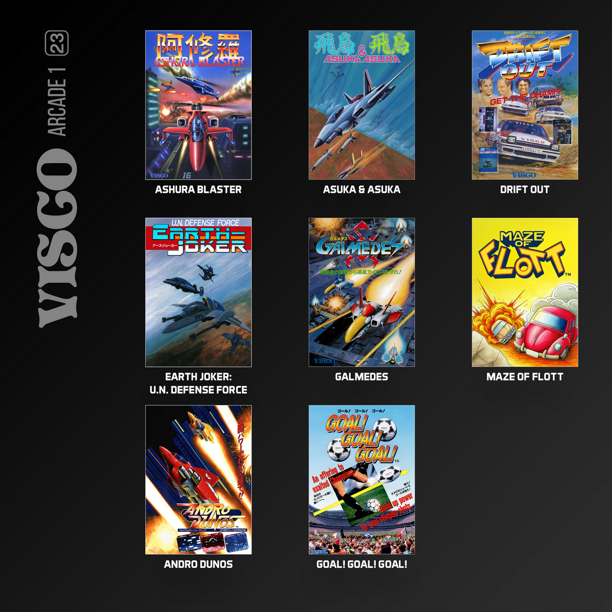 Un póster muestra ocho portadas de juegos de arcade Visco, incluidos Ashura Blaster, Drift Out y Andro Dunos.