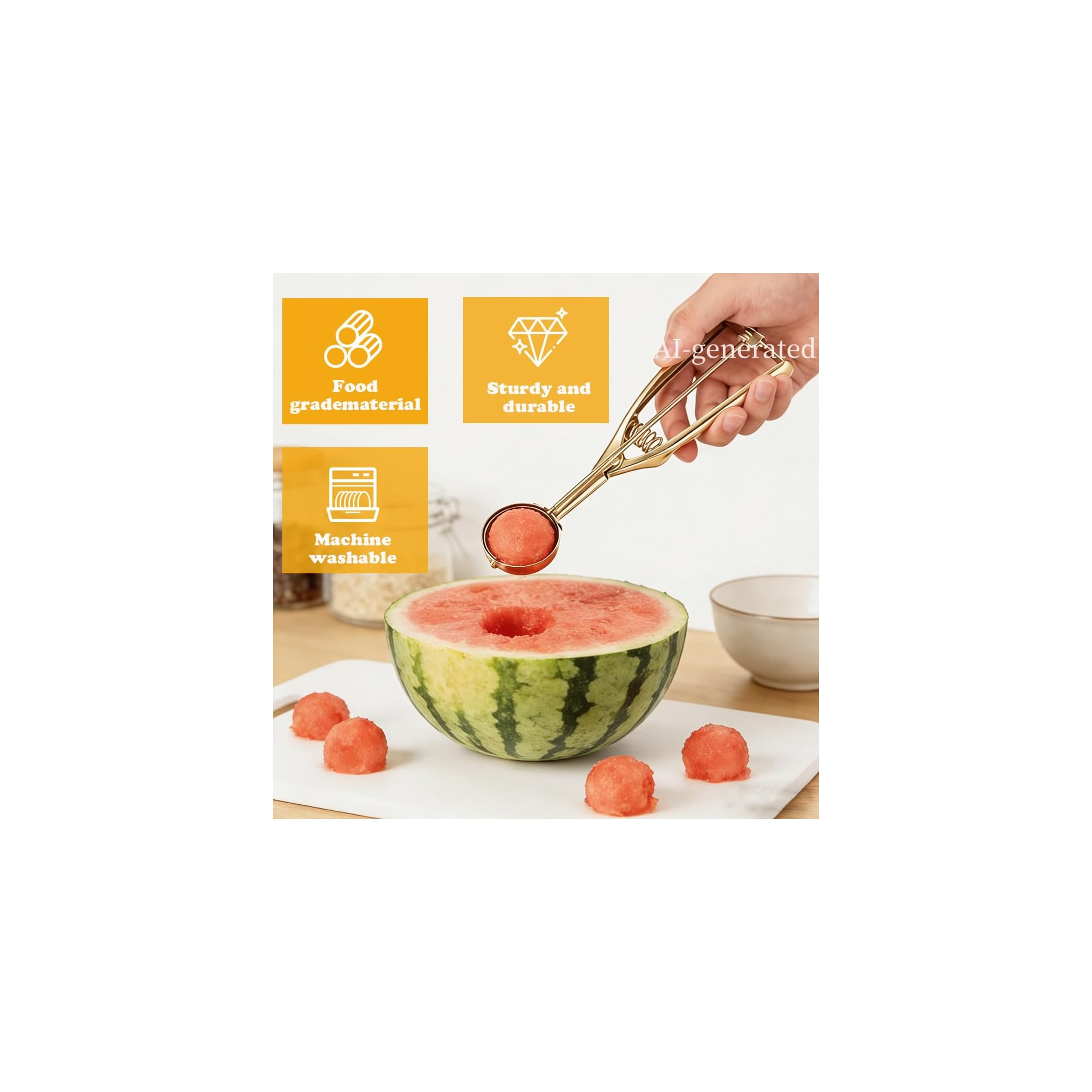 Goldener Melonenausstecher formt Kugeln aus einer halben Wassermelone auf einem Brett.