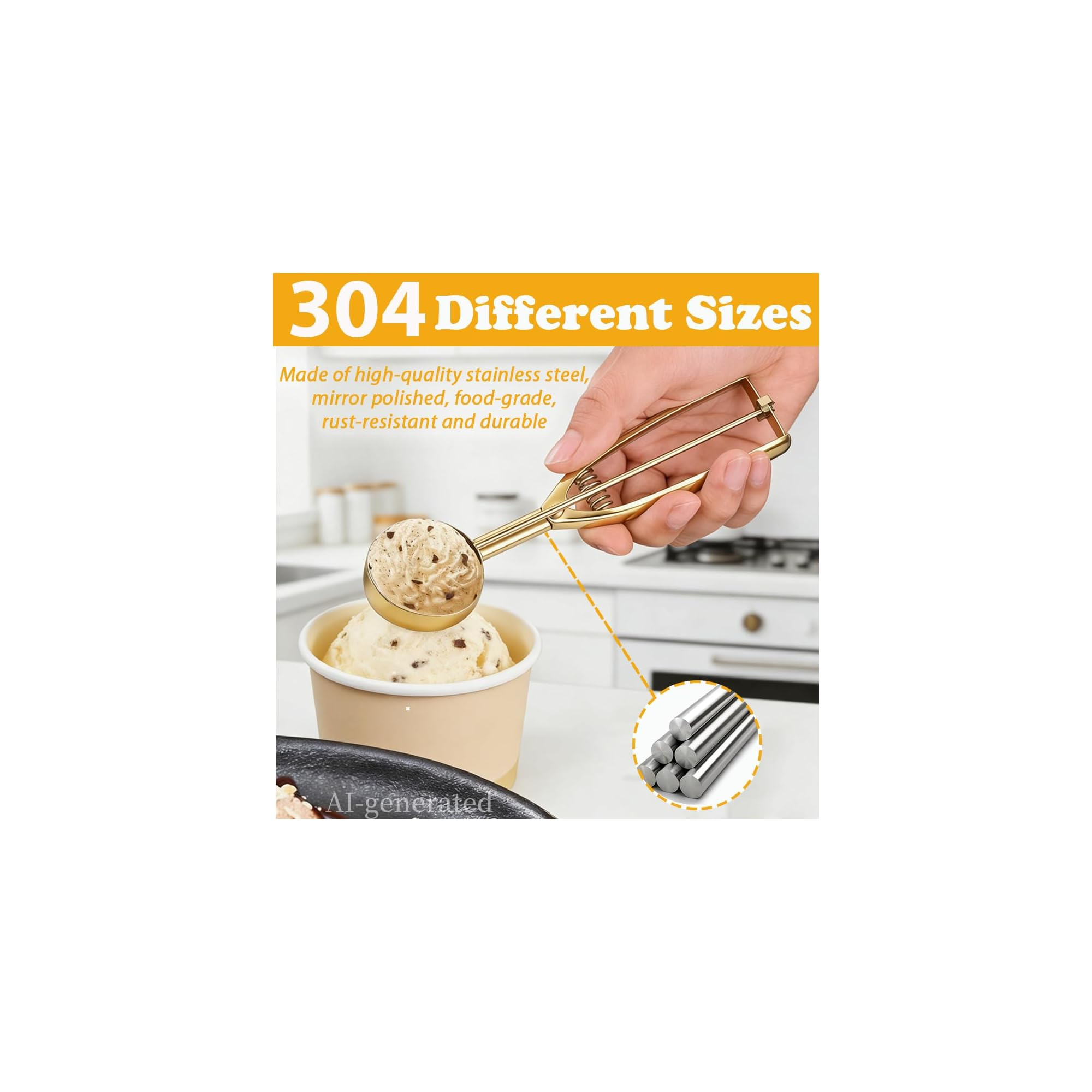 Eine Hand hält einen goldenen Eisportionierer über einen Becher mit Vanilleeis.