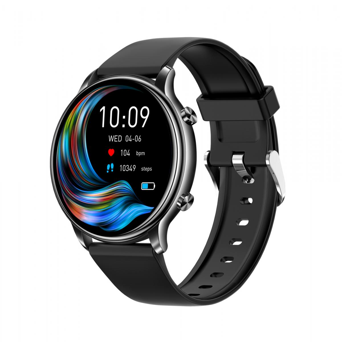 Schwarze Smartwatch mit rundem Display, Zeit, Herzfrequenz und Schritten auf weißem Hintergrund.