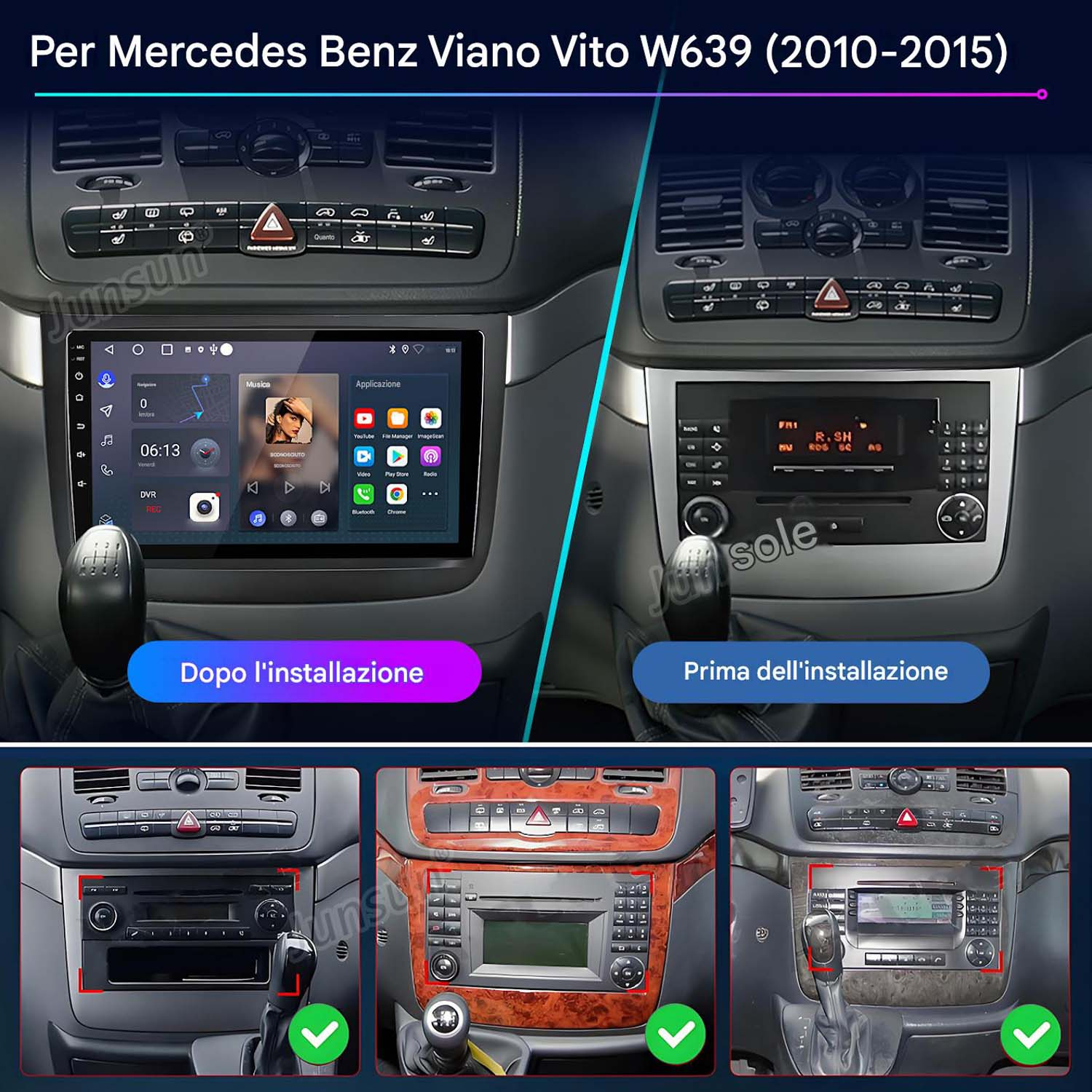 Confronto del cruscotto di una Mercedes Benz prima e dopo l'installazione di un touchscreen.