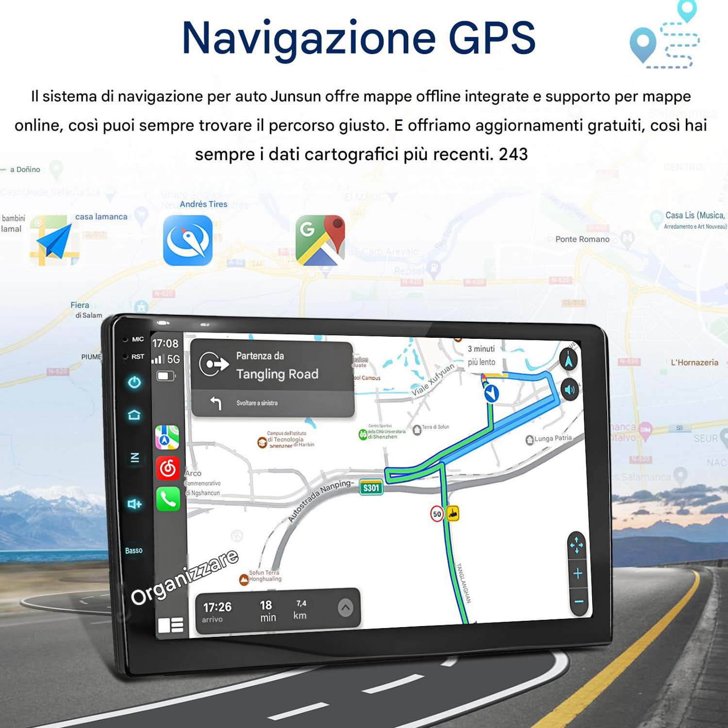 Schermo di navigazione GPS per auto che mostra una mappa stradale dettagliata.