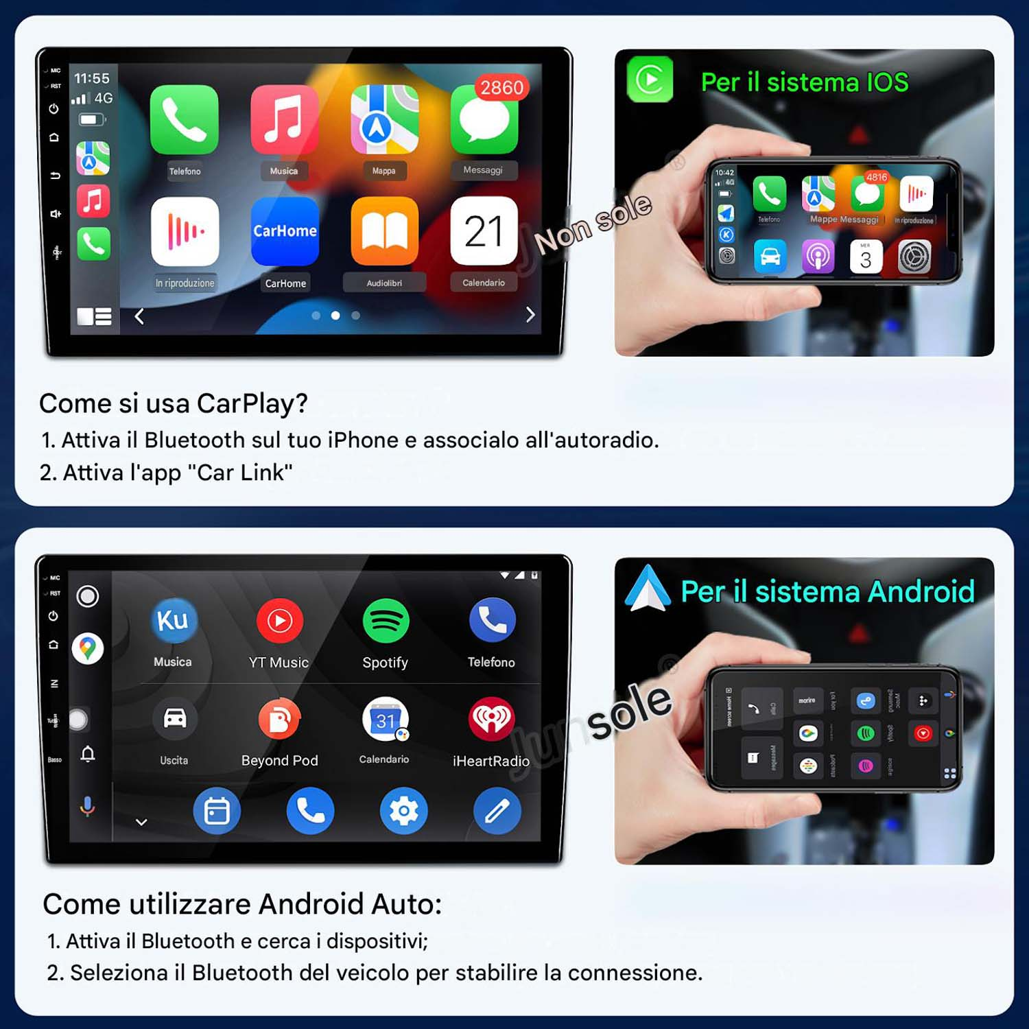 Guide sull'uso di CarPlay e Android Auto su autoradio, con telefoni e icone di app.