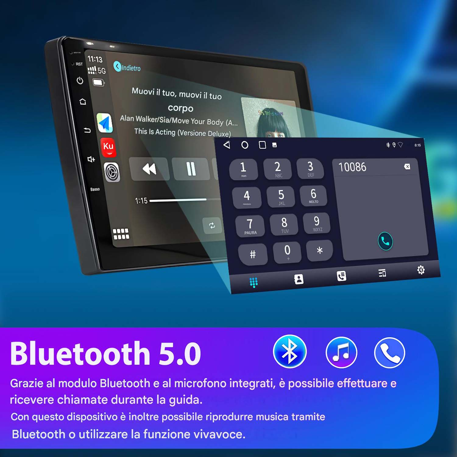 Schermo per auto con riproduzione musicale e tastierino telefonico, Bluetooth 5.0 e testo in italiano in basso.