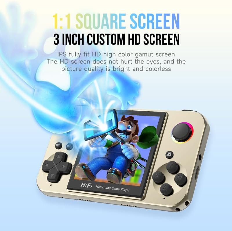 Goldfarbener Handheld-Spielekonsole mit einem quadratischen Bildschirm, der ein Videospiel zeigt, und Text im Hintergrund.