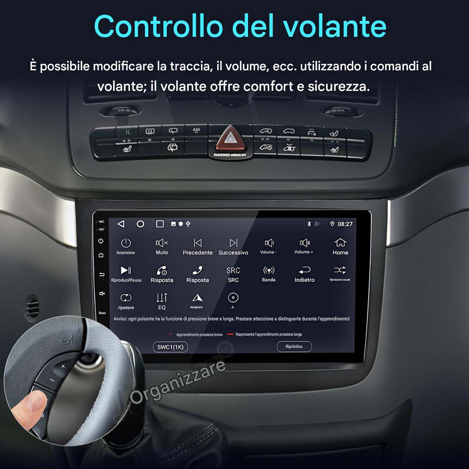 Interni auto con display multimediale touchscreen e comandi al volante.