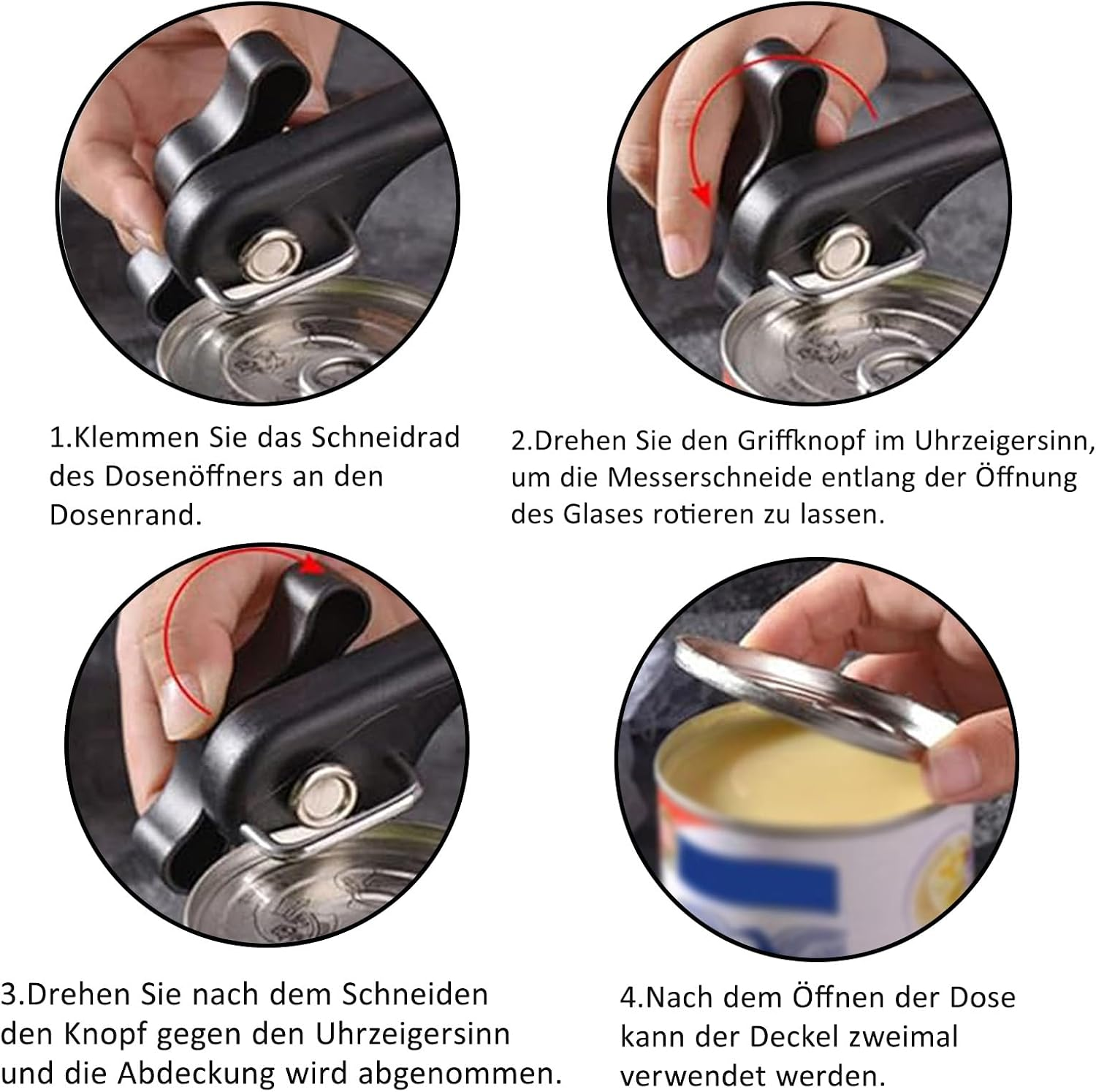 Vierteilige Anleitung zeigt die Verwendung eines Dosenöffners zum Öffnen einer Dose.