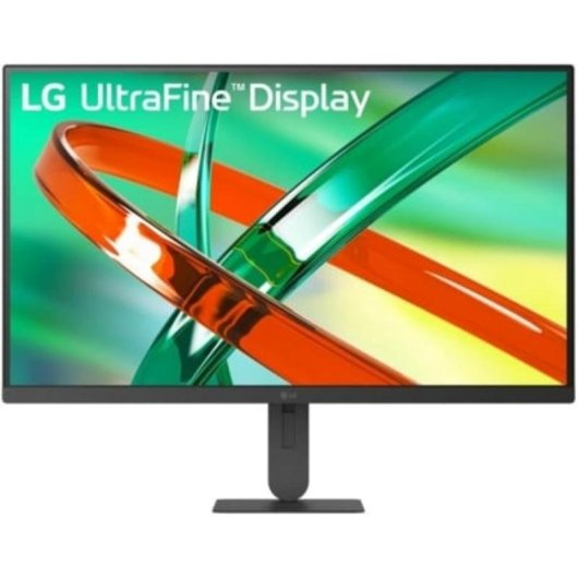 Un monitor LG UltraFine con un fondo abstracto colorido de anillos de vidrio superpuestos naranjas y verdes.