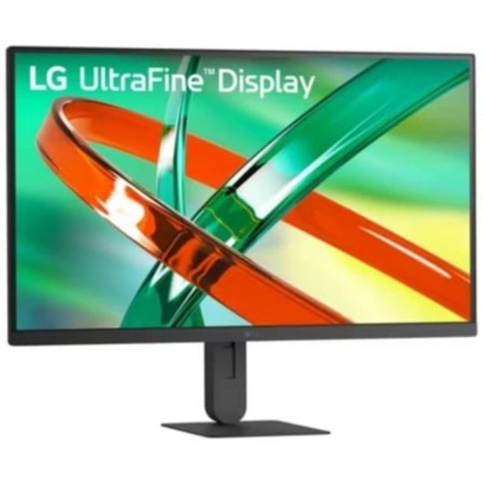Un monitor negro LG UltraFine muestra un fondo de pantalla abstracto y colorido con anillos rojos y verdes.