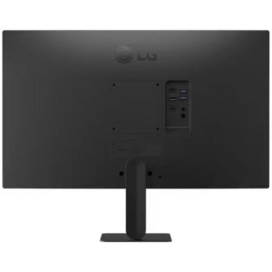 Vista trasera de un monitor LG negro con soporte y puertos visibles.