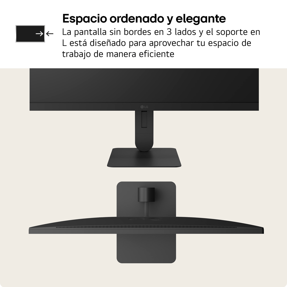 Monitor negro con biseles delgados y soporte mostrado desde el frente y arriba.
