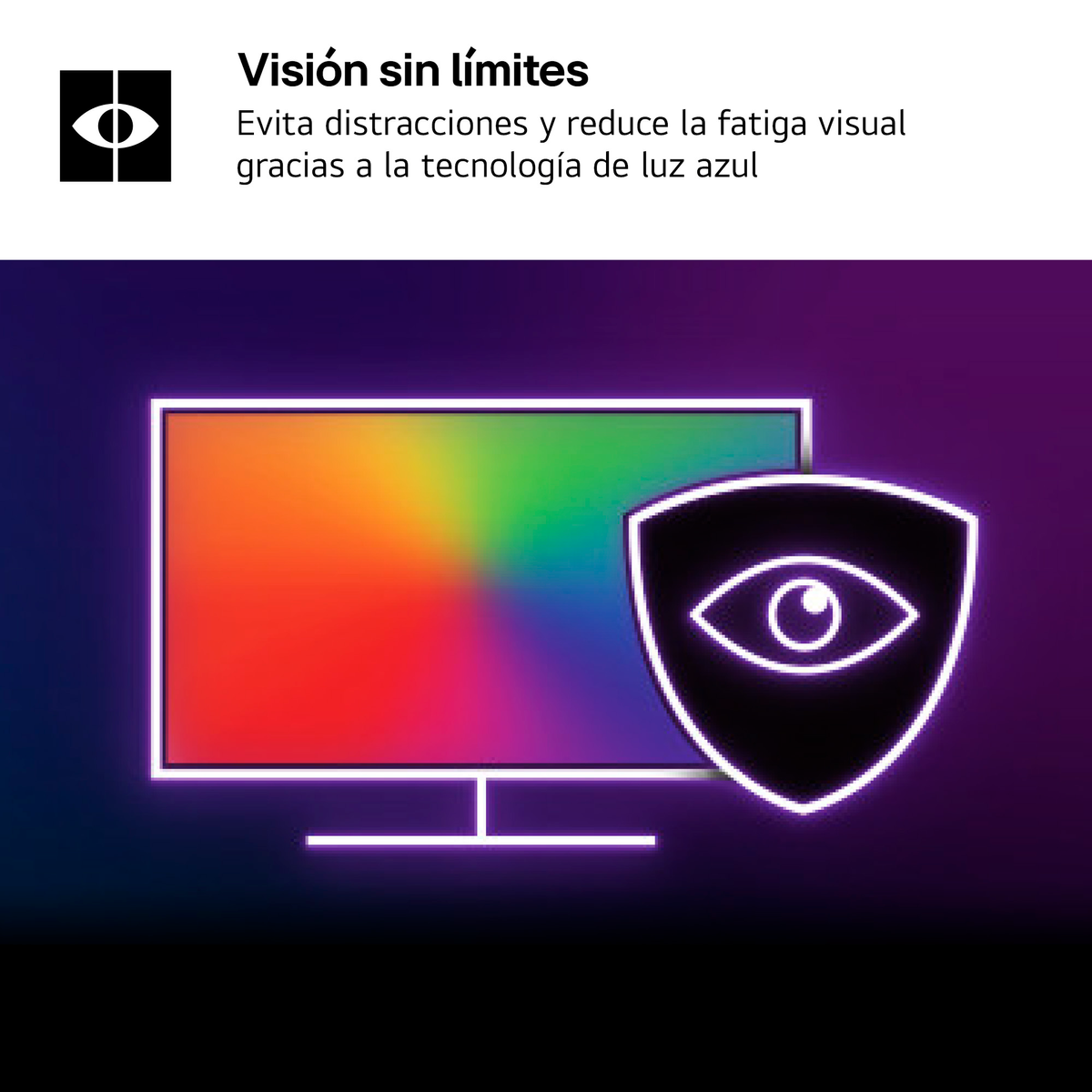 Una pantalla colorida y un escudo con un ojo ilustran la protección contra la luz azul.
