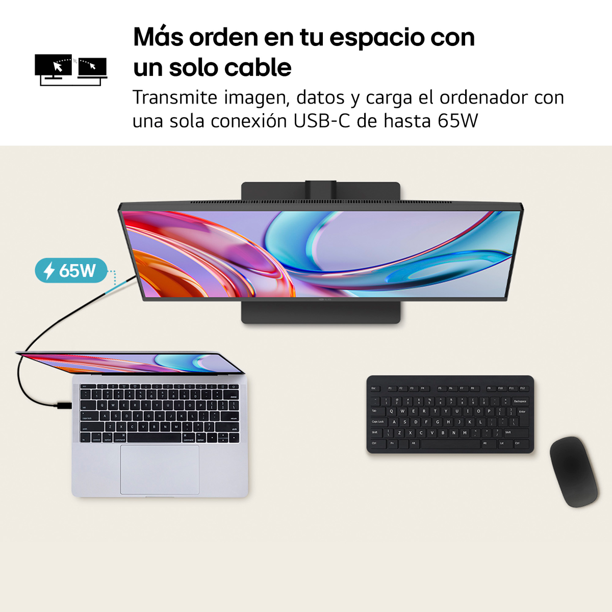 Un ordenador portátil está conectado por USB-C a un monitor, con un teclado y un ratón.