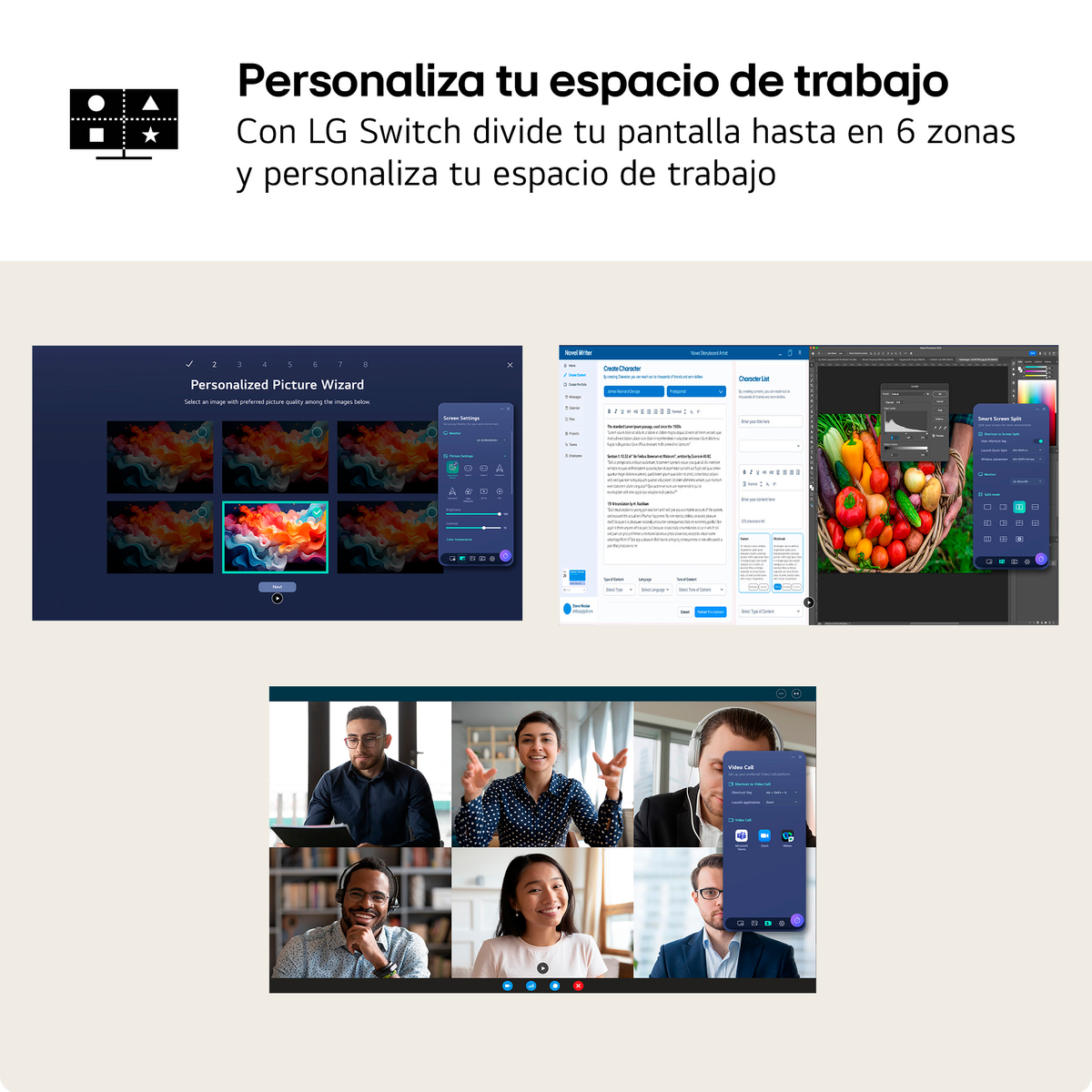 Presentación de LG Switch para dividir pantalla y personalizar el espacio de trabajo.