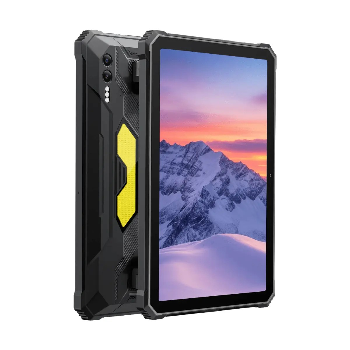 Ein robustes schwarzes Tablet mit gelben Akzenten und einer Berglandschaft als Hintergrundbild auf dem Bildschirm.