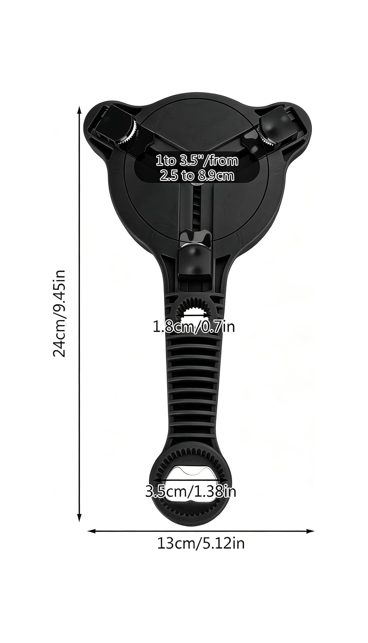 Schwarzer Universal-Flaschenöffner mit Maßen und verstellbaren Greifarmen auf weißem Hintergrund.