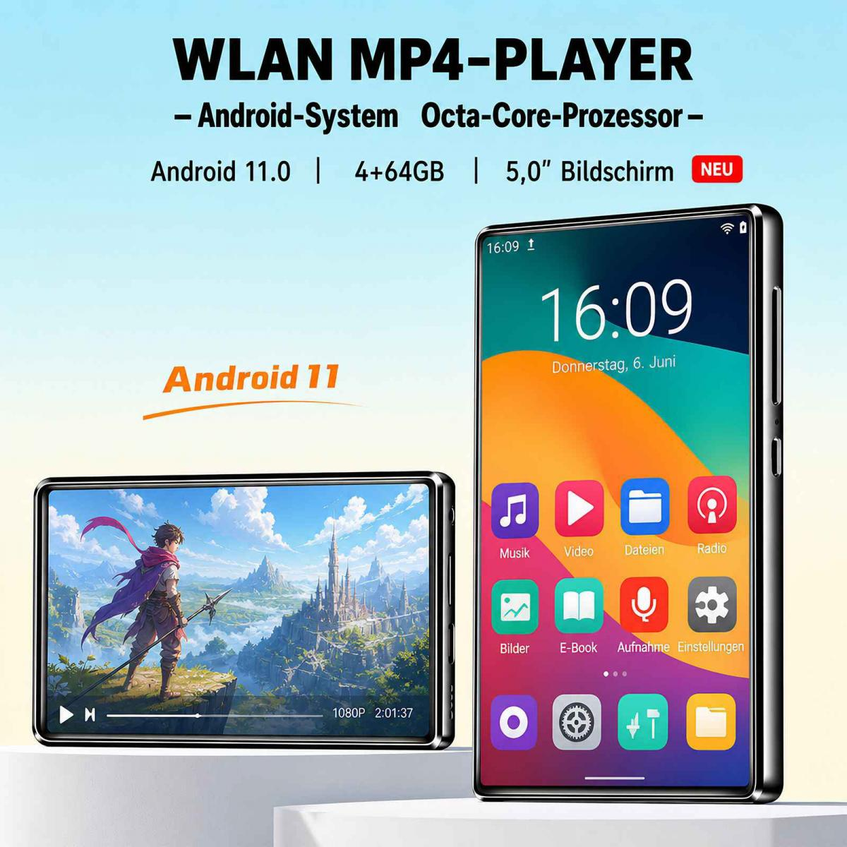 WLAN MP4-Player mit Android 11, Octa-Core, 4+64GB, 5-Zoll-Bildschirm und zwei angezeigten Bildschirmen.