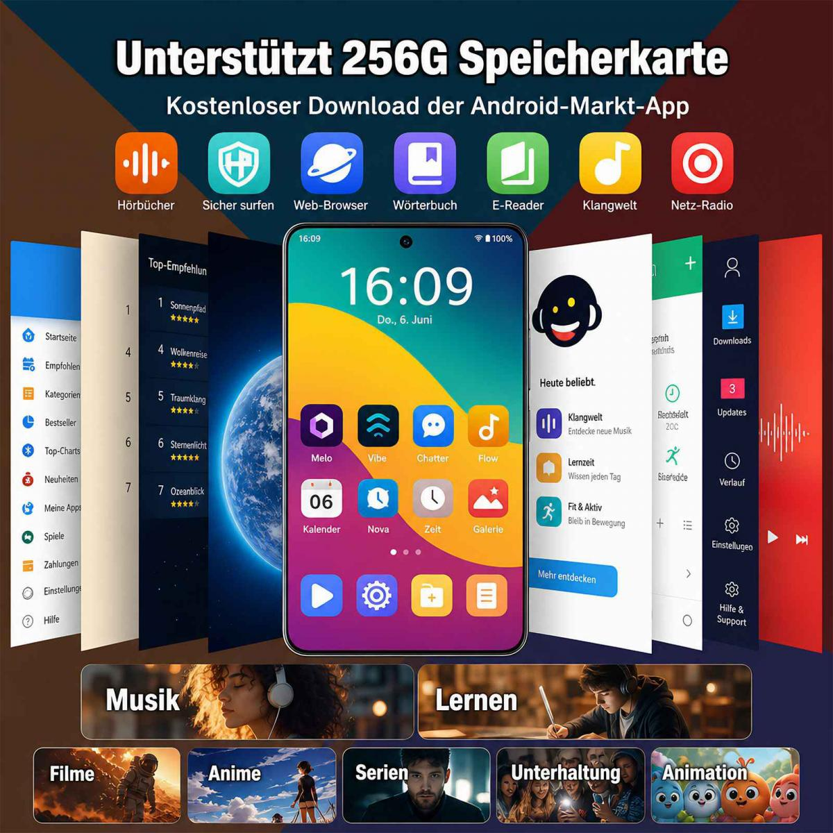 Werbung für ein Smartphone mit Android-Oberfläche, App-Symbolen und Menüansichten auf schwarzem Hintergrund.