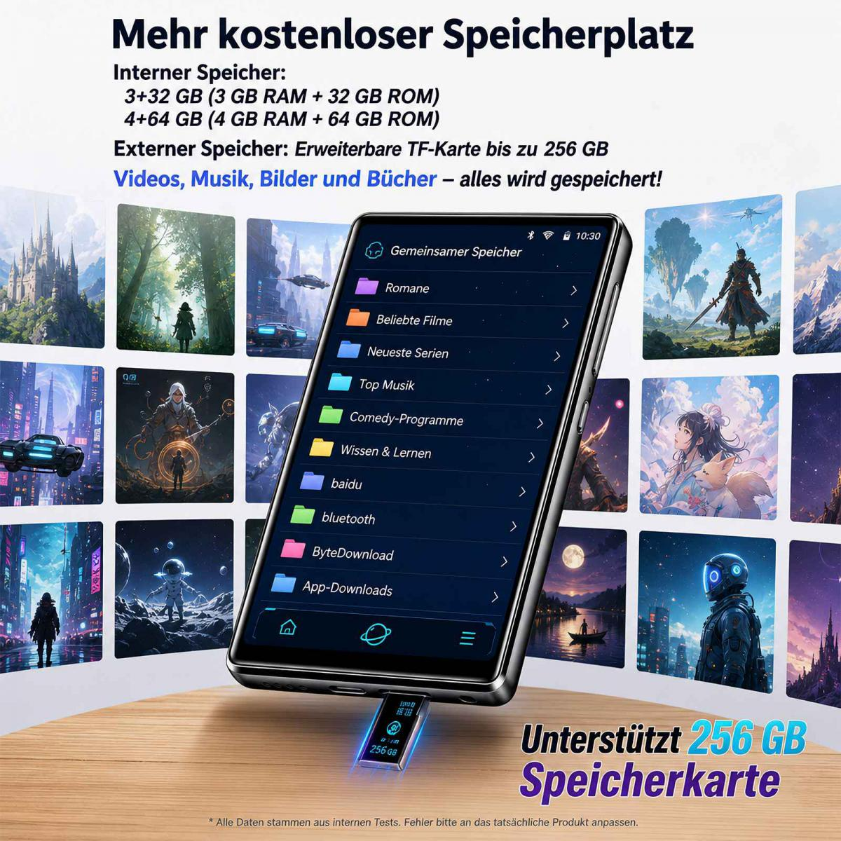 Smartphone auf einem Holztisch mit angezeigten Speicheroptionen, umgeben von verschiedenen Hintergrundbildern.