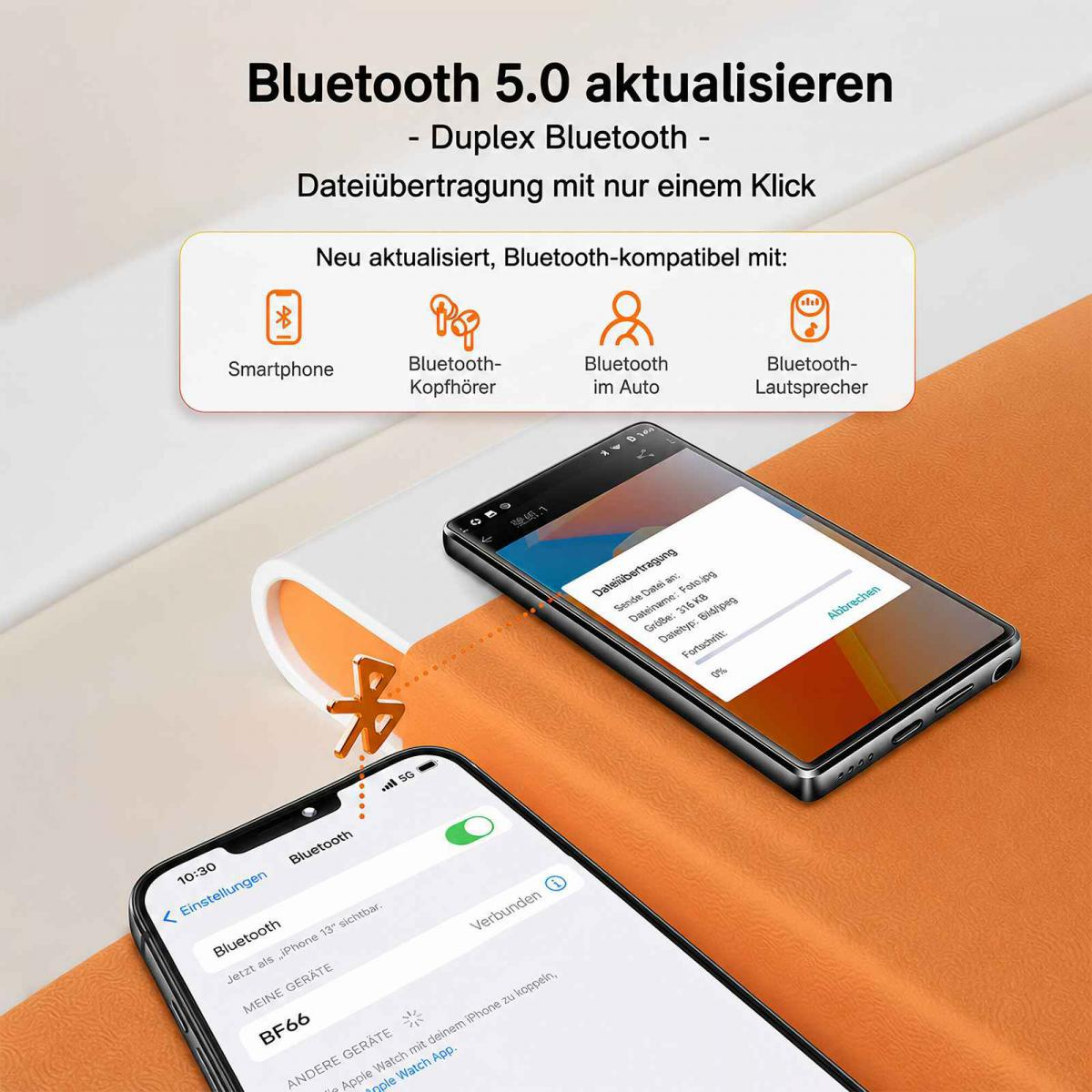 Bluetooth 5.0 Anzeige mit Smartphone und MP3-Player auf einem orangen Hintergrund.