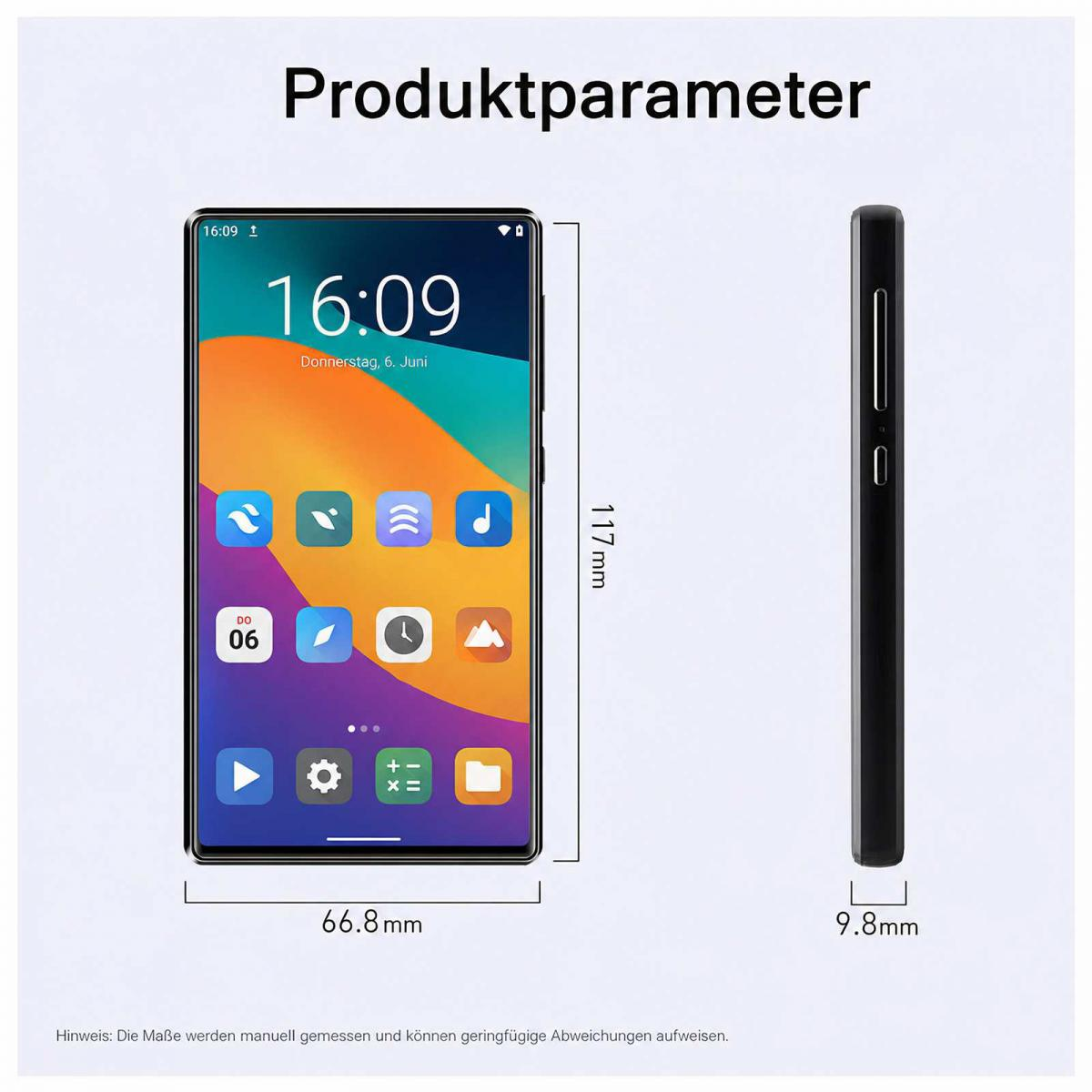 Smartphone-Abmessungen: 117 mm Höhe, 66,8 mm Breite, 9,8 mm Dicke.