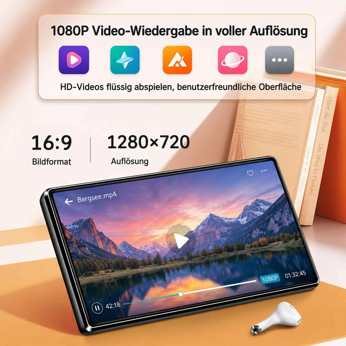 Ein Tablet zeigt ein Bergsee-Video mit 1080P-Auflösung, daneben liegen weiße Kopfhörer auf einem Schreibtisch.
