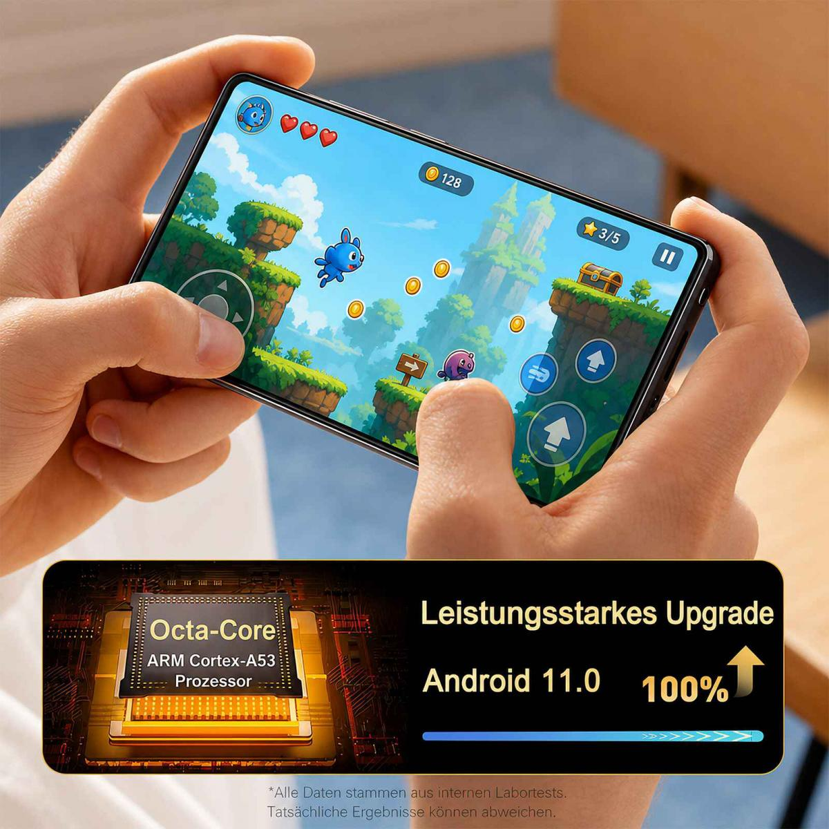 Hände halten ein Smartphone mit einem bunten Jump-and-Run-Spiel auf dem Display und technischen Infos unten.