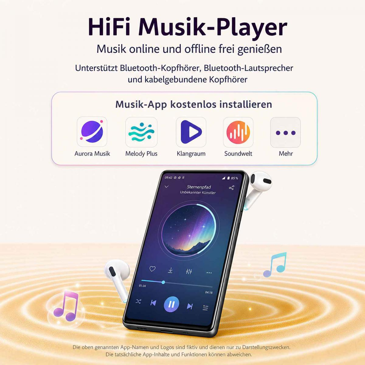 HiFi-Musik-Player mit App-Symbolen, Smartphone-Display und kabellosen Ohrhörern auf goldenem Hintergrund.