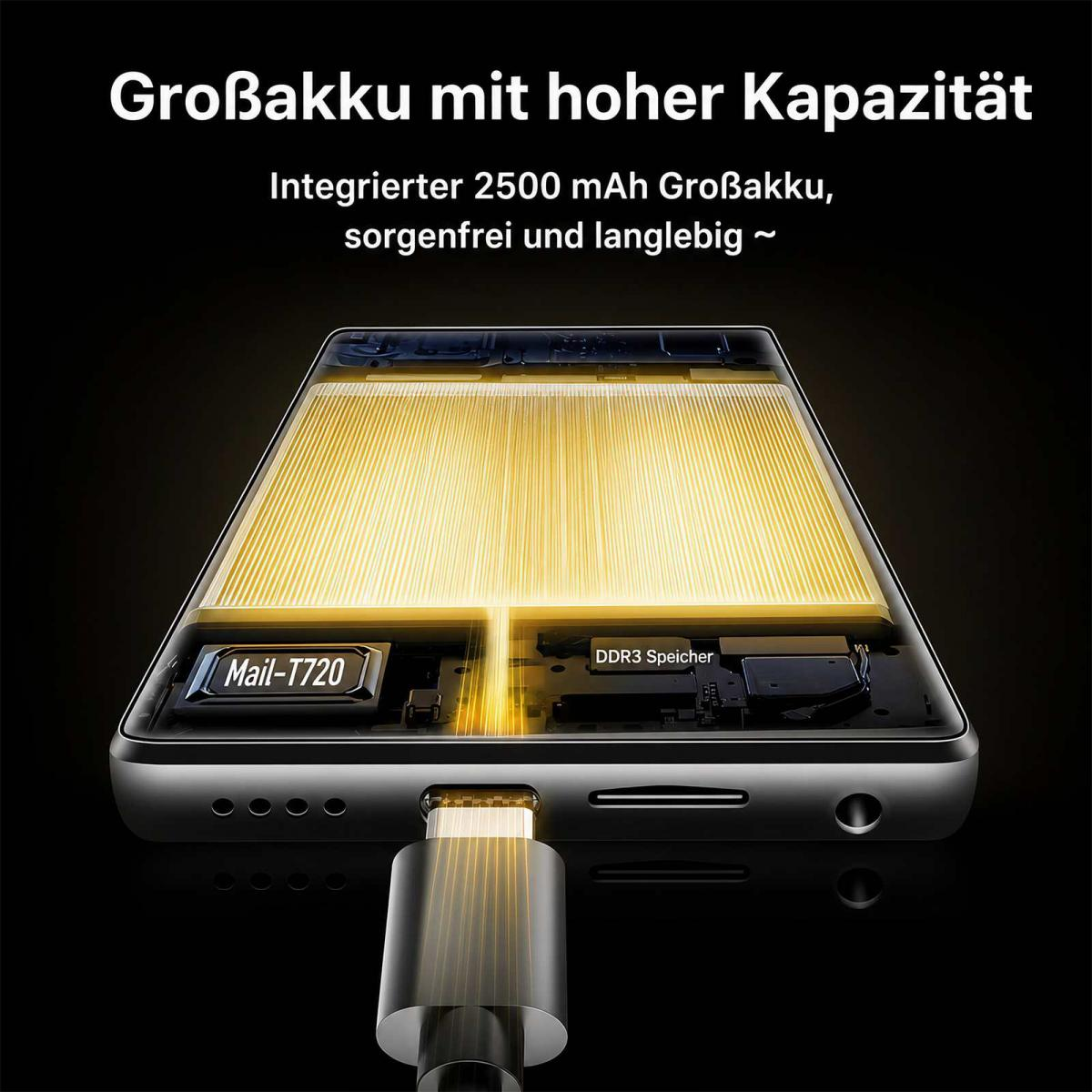 Smartphone-Innereien mit leuchtendem Akku und Ladekabel.