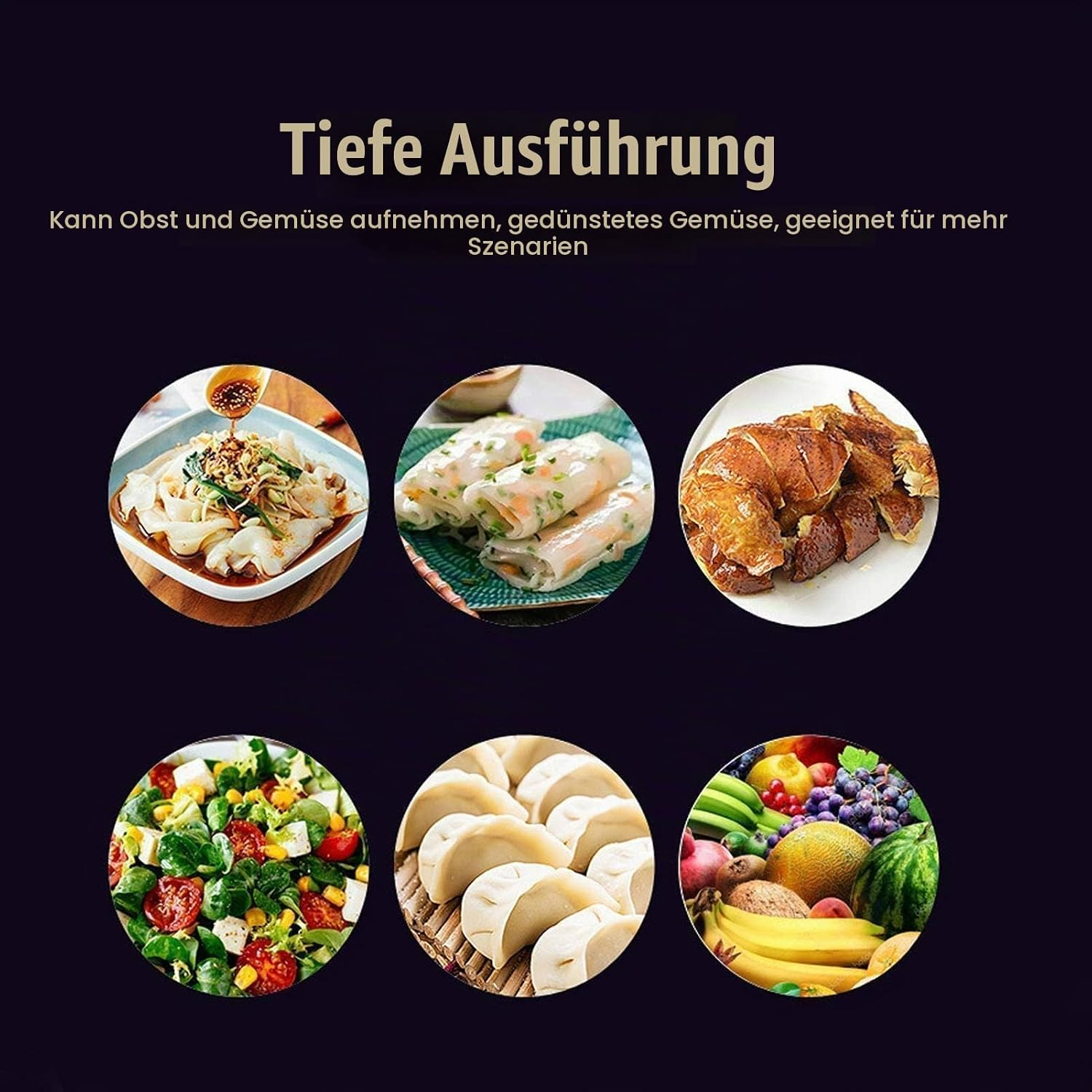 Sechs runde Bilder zeigen verschiedene Gerichte wie Nudeln, Frühlingsrollen, Hähnchen, Salat, Teigtaschen und Obst.