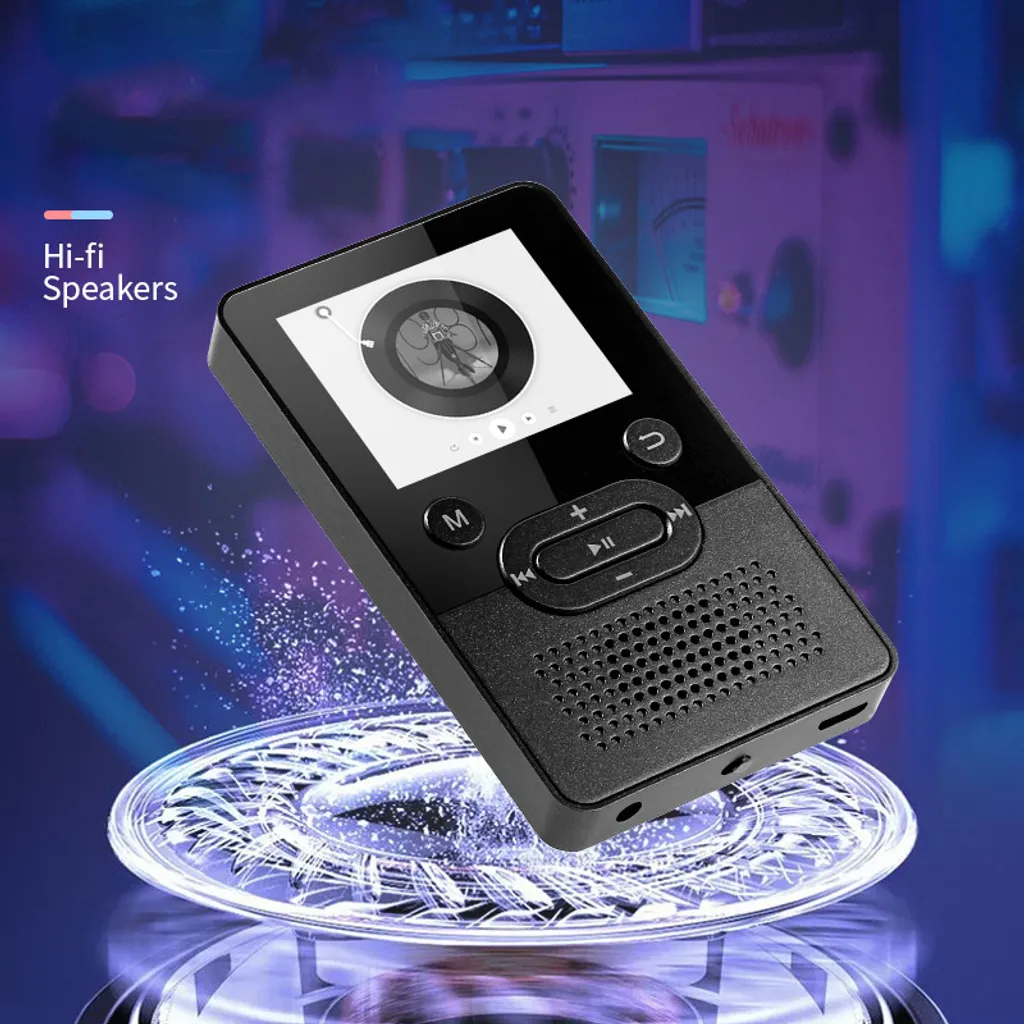 Ein schwarzer digitaler Musikplayer schwebt vor einem dunklen Hintergrund über einer leuchtenden blauen Lichtplattform.